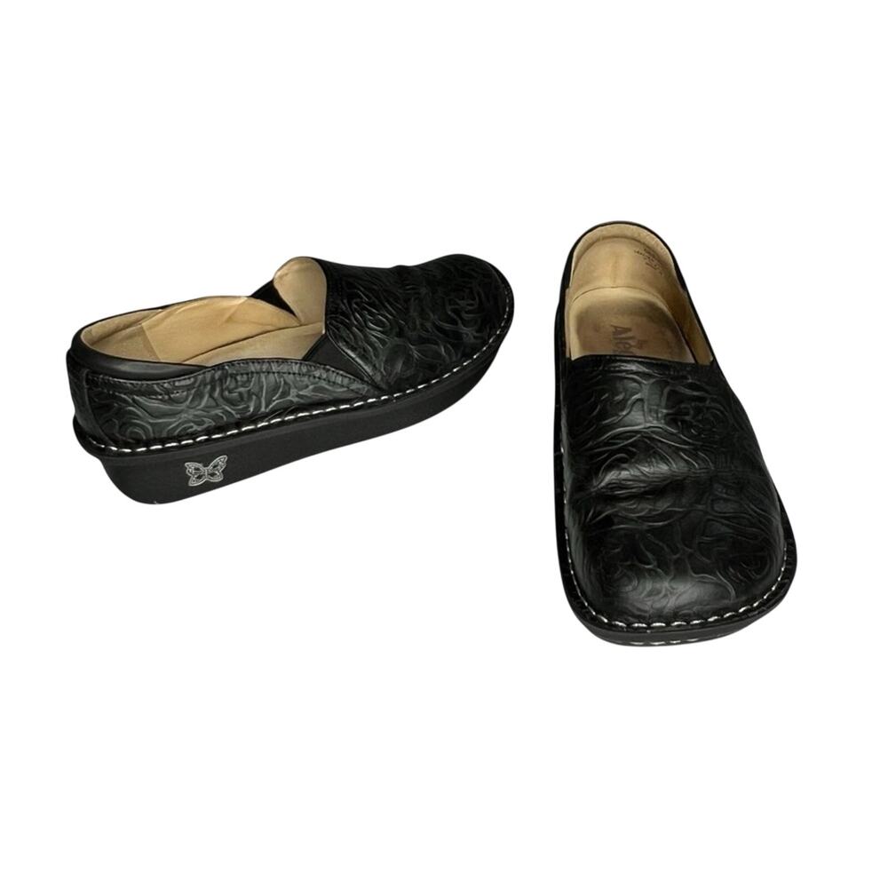 Alegria Comfort Shoes Size 38 Debra Black Leather Embossed Rose Mule Clogs